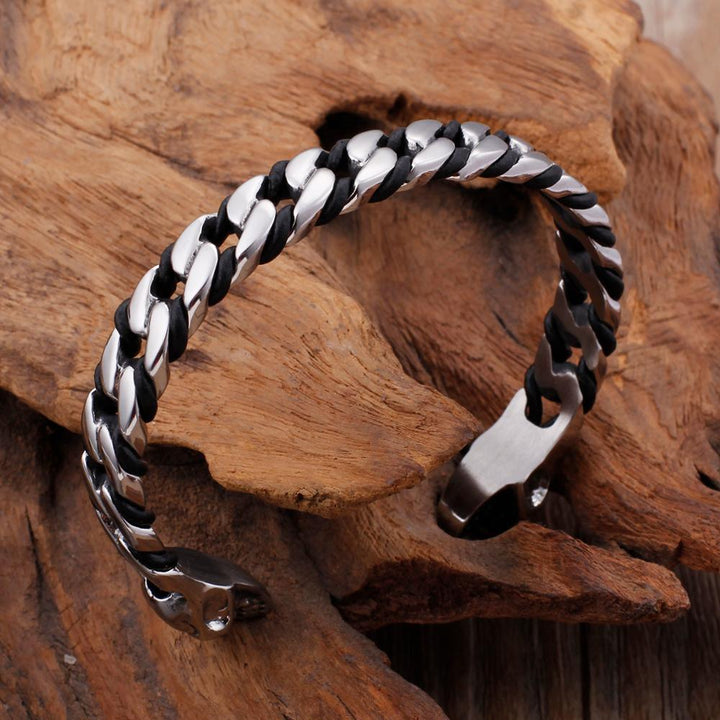 Kalen High Quality Stainless Steel Leather Staggered Men's Vintage Bracelet Punk Style Bangles.