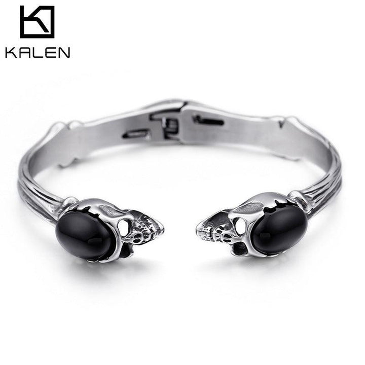 Kalen Punk 10mm Stainless Steel Skull Charm Cuff Bracelet Bangles - kalen