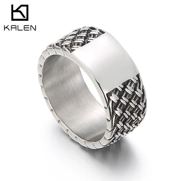 Kalen Punk 10mm Weave Pattern 316L Stainless Steel Men's Ring Vintage Jewelry Wide Accessories.