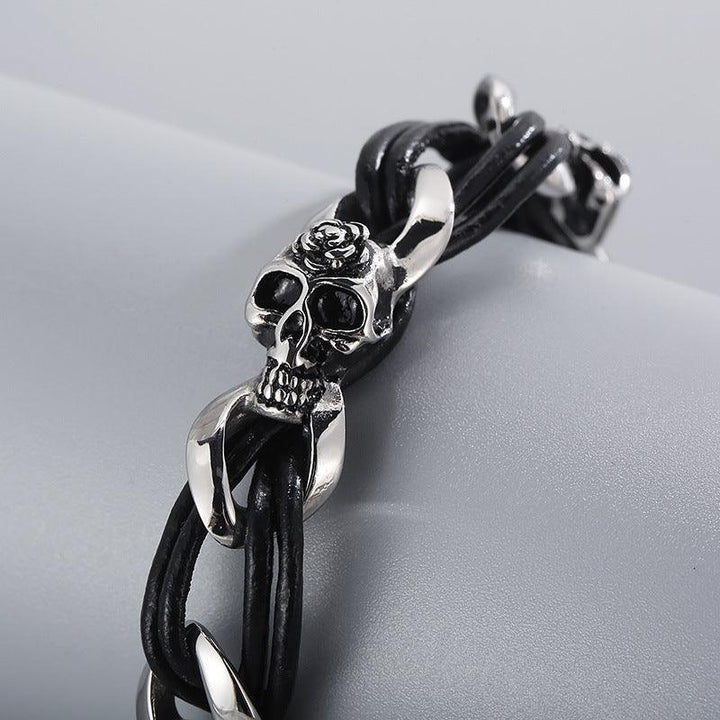 KALEN Punk 12mm Cowhide Leather Stainless Steel Woven Skull Bracelet for Men - kalen