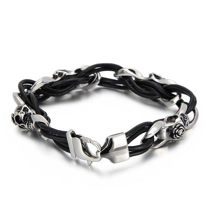 KALEN Punk 12mm Cowhide Leather Stainless Steel Woven Skull Bracelet for Men - kalen