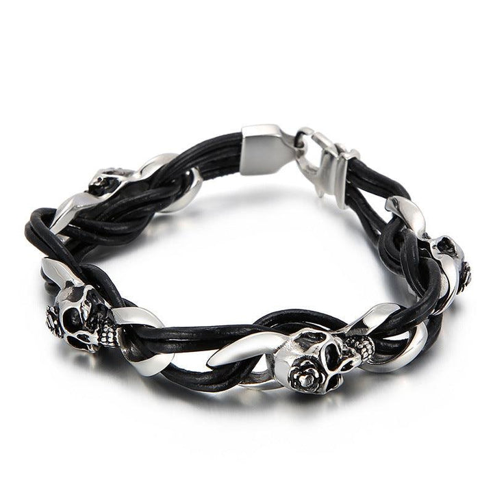 KALEN Punk 12mm Cowhide Leather Stainless Steel Woven Skull Bracelet for Men - kalen