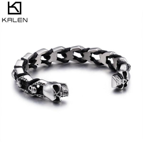 Kalen Punk 12mm Leather & Stainless Steel Skull Cuff Bracelet Bangles for Men - kalen