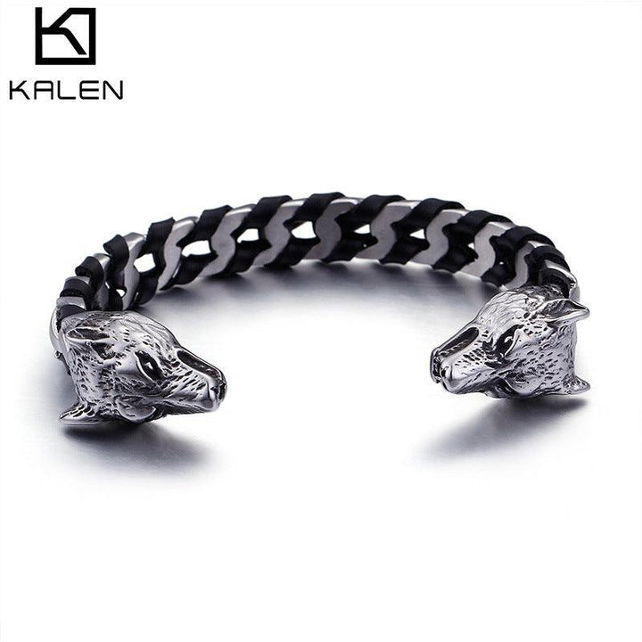 Kalen Punk 12mm Leather & Stainless Steel Skull Cuff Bracelet Bangles for Men - kalen