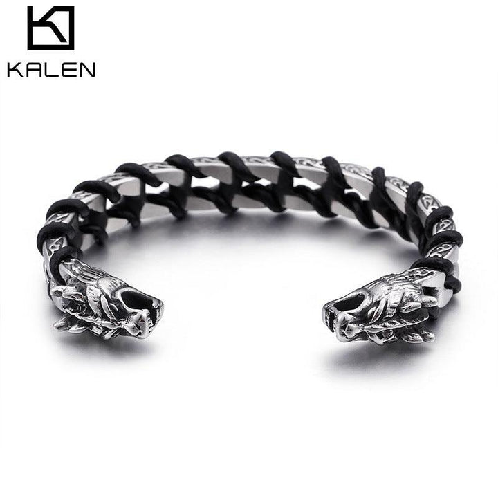 Kalen Punk 12mm Leather & Stainless Steel Skull Cuff Bracelet Bangles for Men - kalen