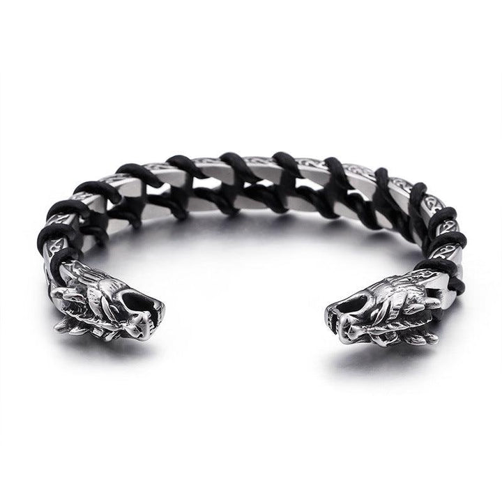 Kalen Punk 12mm Leather & Stainless Steel Skull Cuff Bracelet Bangles for Men - kalen