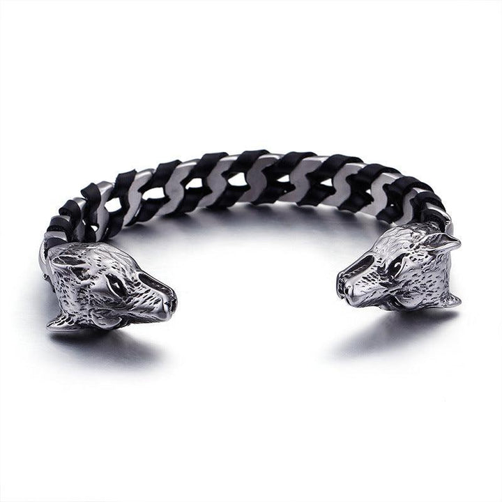 Kalen Punk 12mm Leather & Stainless Steel Skull Cuff Bracelet Bangles for Men - kalen