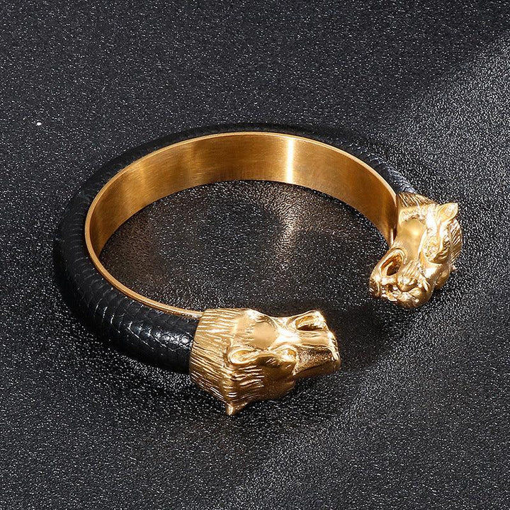 Kalen Punk 12mm Leather & Stainless Steel Wolf Animal Charm Cuff Bracelet Bangles for Men - kalen