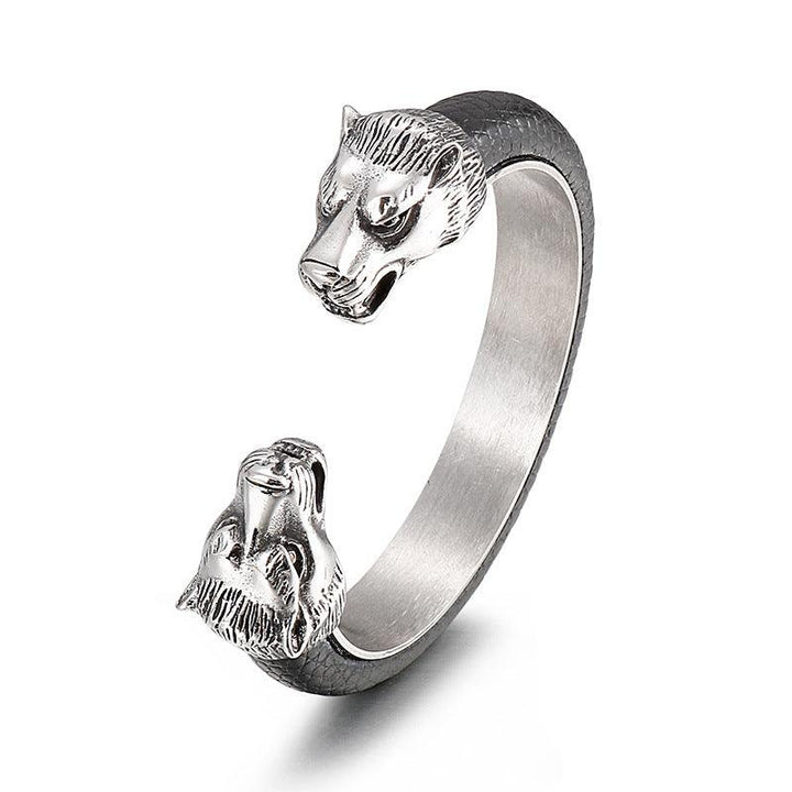 Kalen Punk 12mm Leather & Stainless Steel Wolf Animal Charm Cuff Bracelet Bangles for Men - kalen