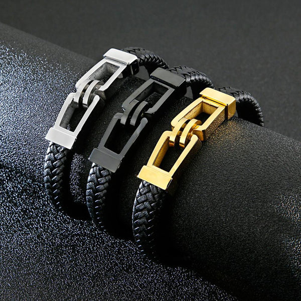 Kalen Rectangular Lock Men's Stainless Steel Bracelet Fashion Leather Bracelets Jewelry Party Gift.