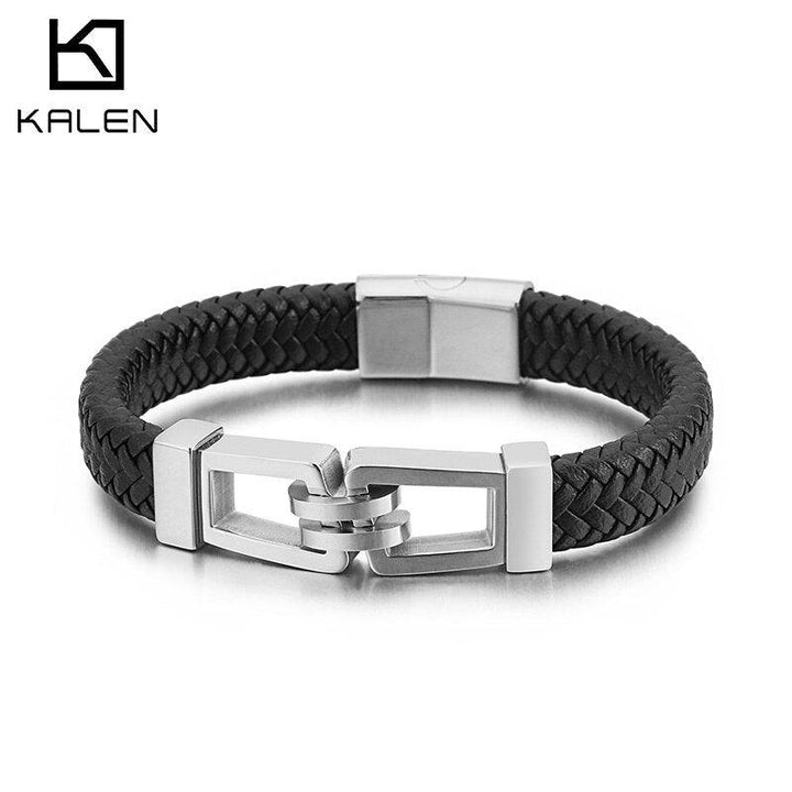 Kalen Rectangular Lock Men's Stainless Steel Bracelet Fashion Leather Bracelets Jewelry Party Gift.