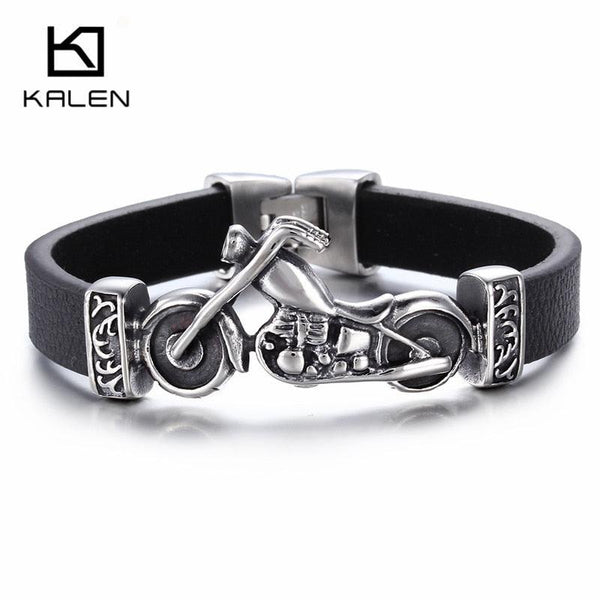Kalen New Unique Male Jewelry Stainless Steel Motorcycle Charm Bracelet Rock Punk Durable Leather Bracelets Cheap Cool Gift.
