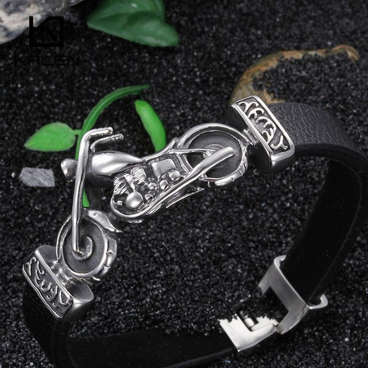 Kalen New Unique Male Jewelry Stainless Steel Motorcycle Charm Bracelet Rock Punk Durable Leather Bracelets Cheap Cool Gift.