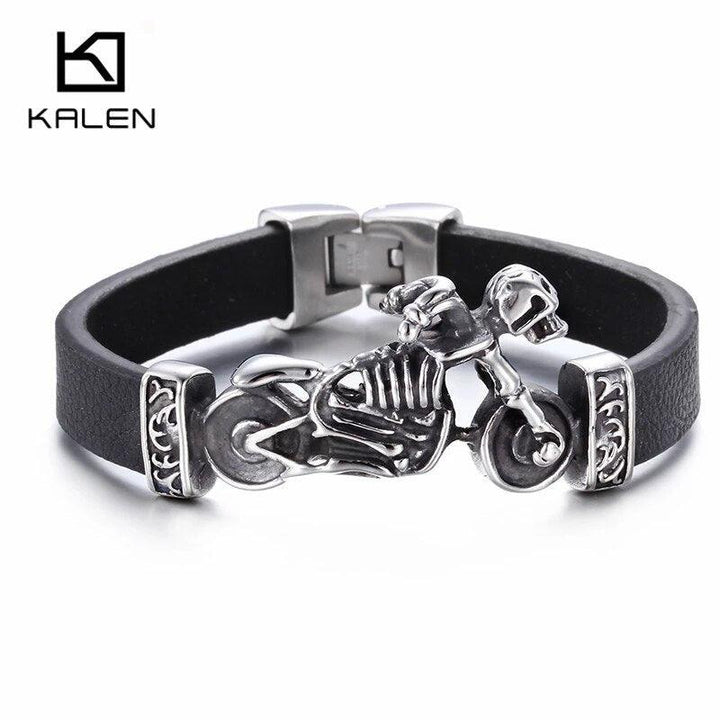 Kalen New Unique Male Jewelry Stainless Steel Motorcycle Charm Bracelet Rock Punk Durable Leather Bracelets Cheap Cool Gift.