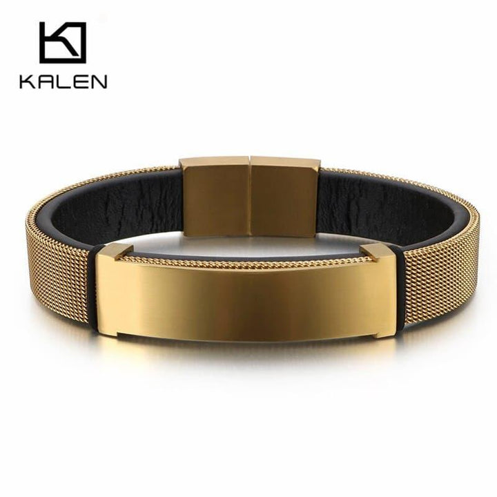 Kalen Stainless Steel 20.5cm Mesh Chain Bracelet For Men Women Shiny Charm Wrap Leather Bracelet Hip Hop Jewelry.