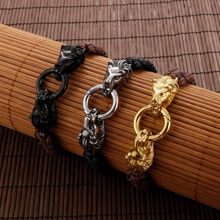 KALEN Punk 12mm Wax Rope Leather Stainless Steel Lion Animal Charm Bracelet for Men - kalen