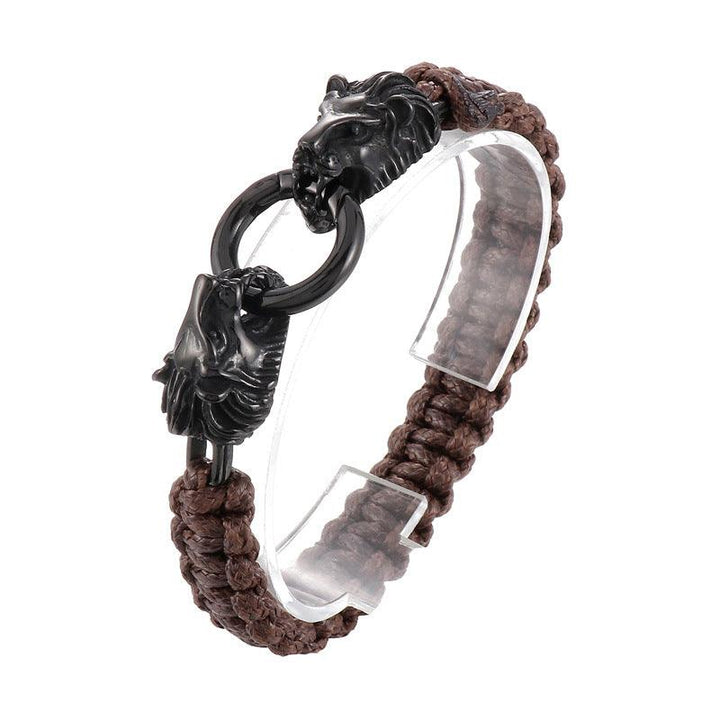 KALEN Punk 12mm Wax Rope Leather Stainless Steel Lion Animal Charm Bracelet for Men - kalen