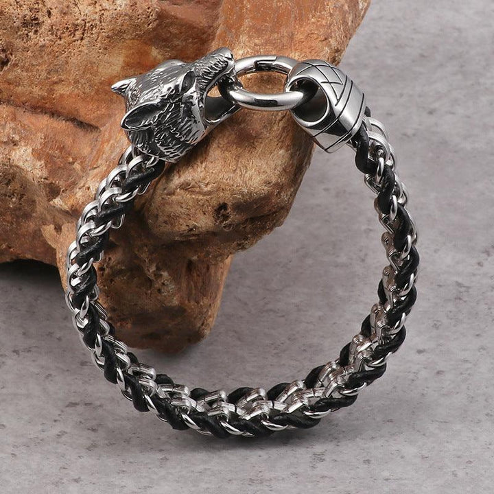 Kalen Punk 13mm Leather Stainless Steel Wolf Animal Charm Bracelet For Men - kalen
