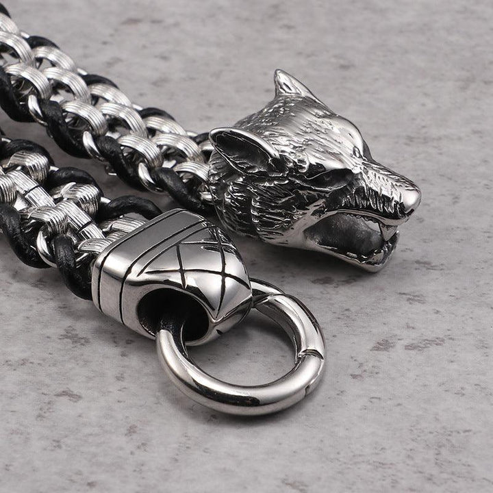 Kalen Punk 13mm Leather Stainless Steel Wolf Animal Charm Bracelet For Men - kalen