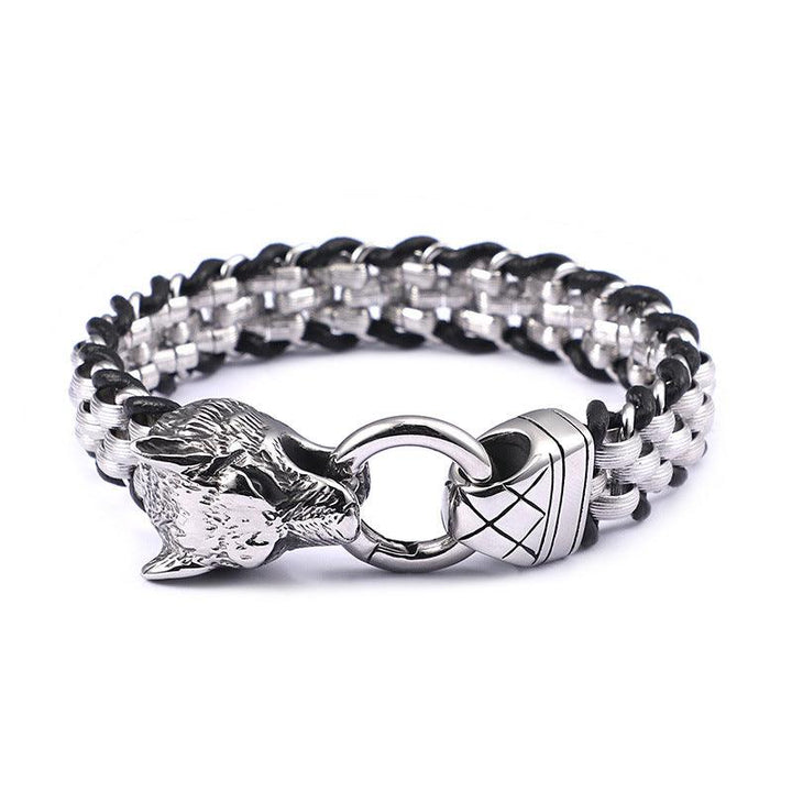 Kalen Punk 13mm Leather Stainless Steel Wolf Animal Charm Bracelet For Men - kalen