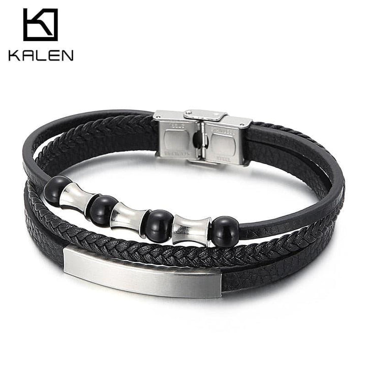 Punk Three Layer Leather Bracelet Shiny High Quality Stainless Steel Men's Bangles Chain.