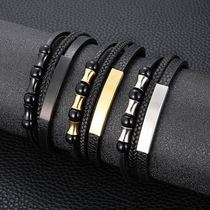 Punk Three Layer Leather Bracelet Shiny High Quality Stainless Steel Men's Bangles Chain.