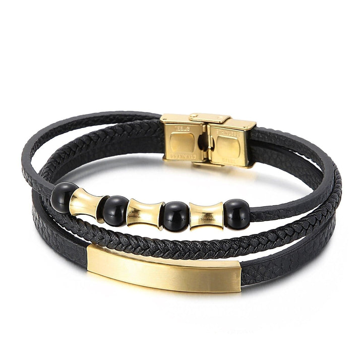 Punk Three Layer Leather Bracelet Shiny High Quality Stainless Steel Men's Bangles Chain.