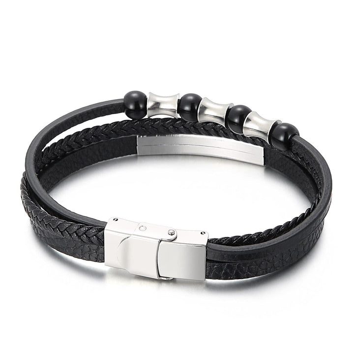 Punk Three Layer Leather Bracelet Shiny High Quality Stainless Steel Men's Bangles Chain.