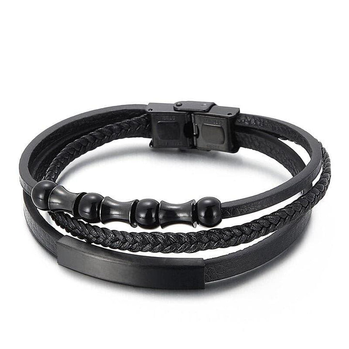 Punk Three Layer Leather Bracelet Shiny High Quality Stainless Steel Men's Bangles Chain.