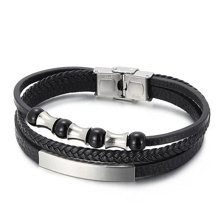 Punk Three Layer Leather Bracelet Shiny High Quality Stainless Steel Men's Bangles Chain.