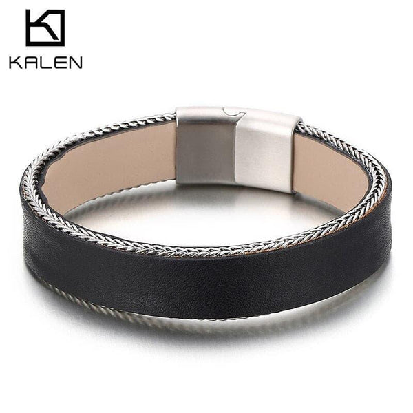 Kalen Punk Solid Color Cowhide Leather Metal Trim Men's Stainless Steel Charm Bracelet Jewelry.