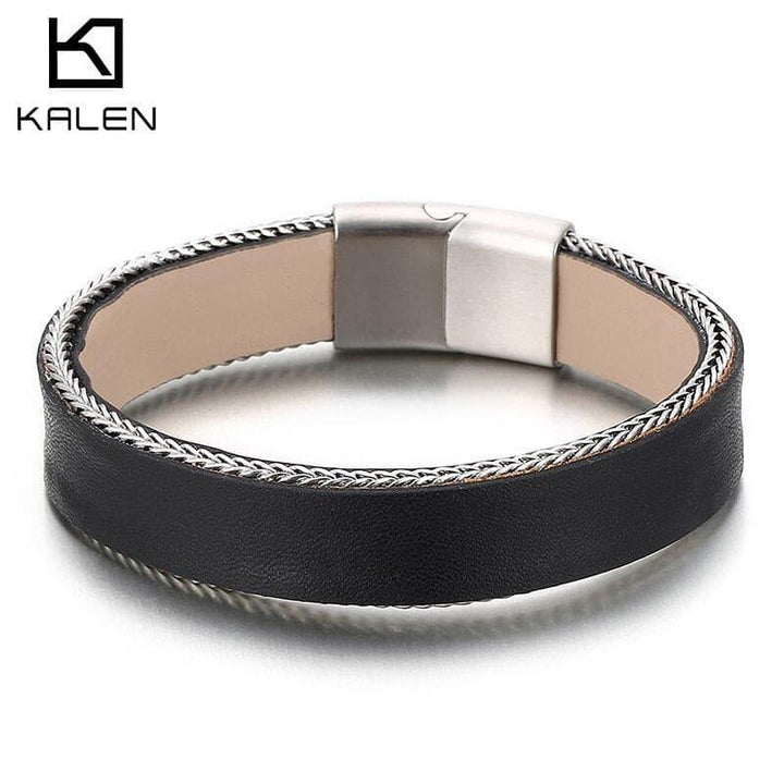 Kalen Punk Solid Color Cowhide Leather Metal Trim Men's Stainless Steel Charm Bracelet Jewelry.