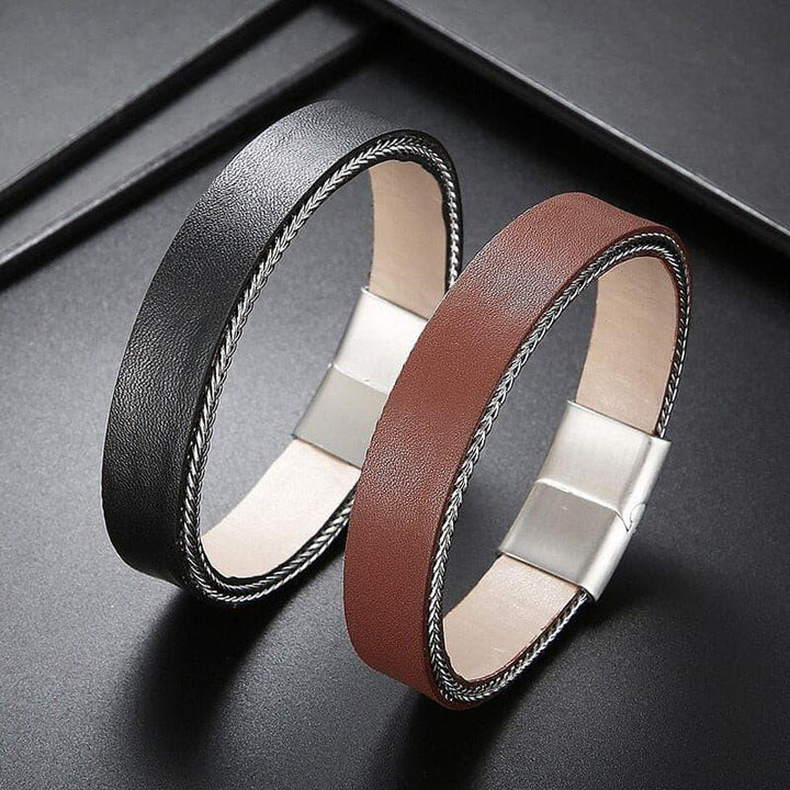 Kalen Punk Solid Color Cowhide Leather Metal Trim Men's Stainless Steel Charm Bracelet Jewelry.