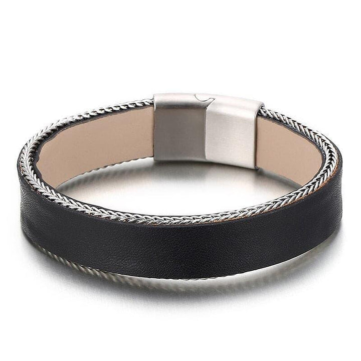 Kalen Punk Solid Color Cowhide Leather Metal Trim Men's Stainless Steel Charm Bracelet Jewelry.