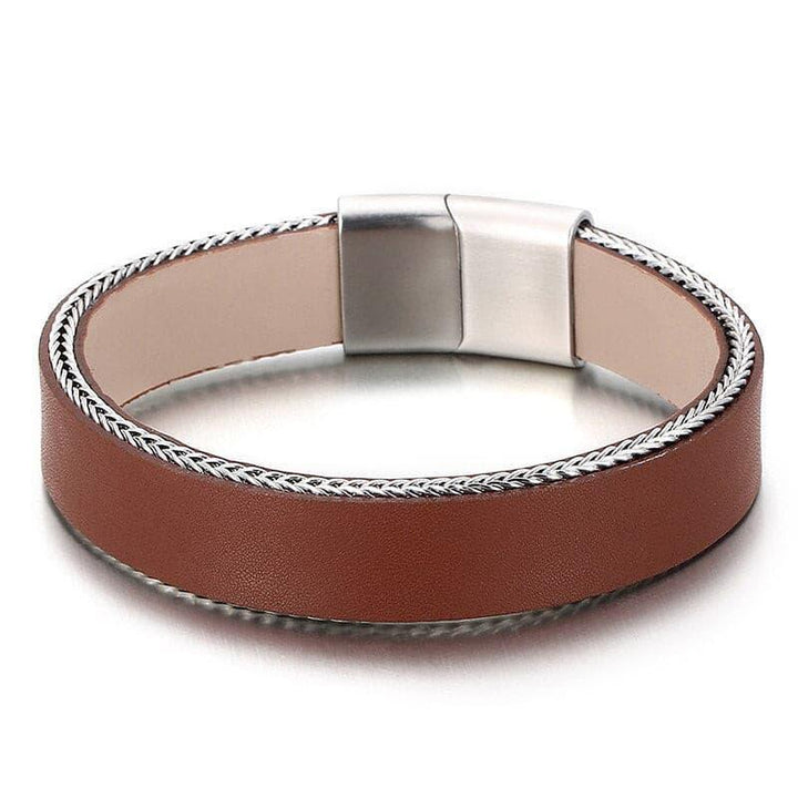 Kalen Punk Solid Color Cowhide Leather Metal Trim Men's Stainless Steel Charm Bracelet Jewelry.