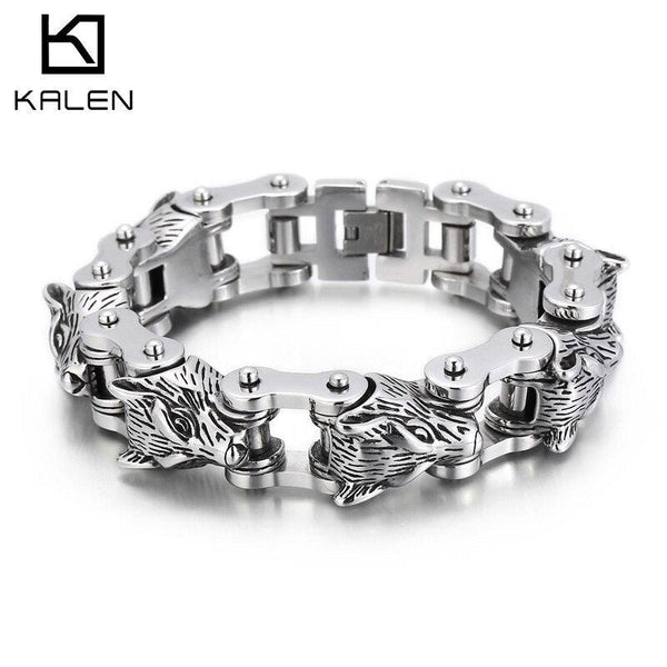 Kalen Viking Wolf Head Bracelet Bicycle Chain Punk Style Stainless Steel Charm Men's Bracelets Armband Jewelry.