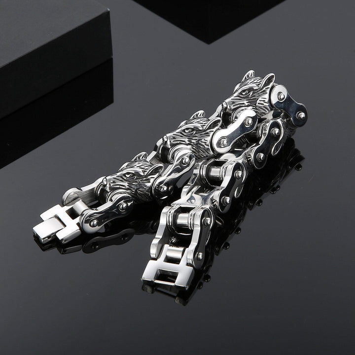 Kalen Viking Wolf Head Bracelet Bicycle Chain Punk Style Stainless Steel Charm Men's Bracelets Armband Jewelry.