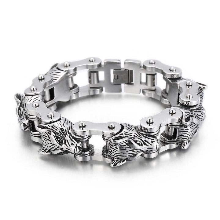 Kalen Viking Wolf Head Bracelet Bicycle Chain Punk Style Stainless Steel Charm Men's Bracelets Armband Jewelry.