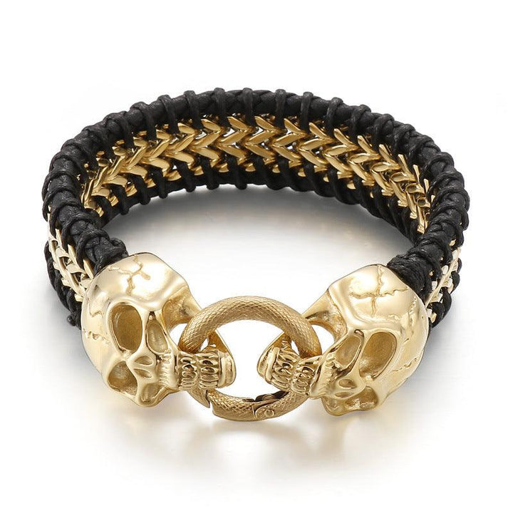 KALEN Punk 20mm Cowhide Leather Stainless Steel Woven Skull Bracelet for Men - kalen