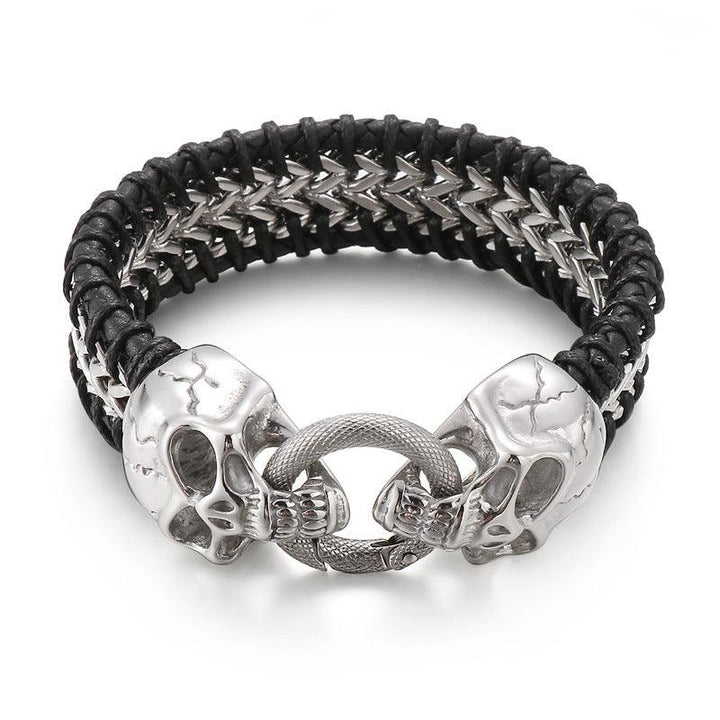 KALEN Punk 20mm Cowhide Leather Stainless Steel Woven Skull Bracelet for Men - kalen