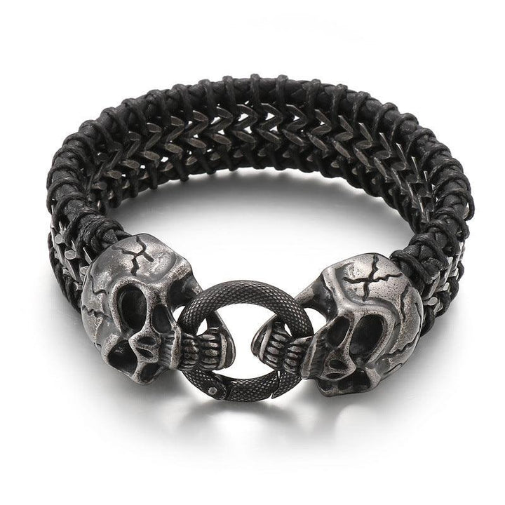 KALEN Punk 20mm Cowhide Leather Stainless Steel Woven Skull Bracelet for Men - kalen