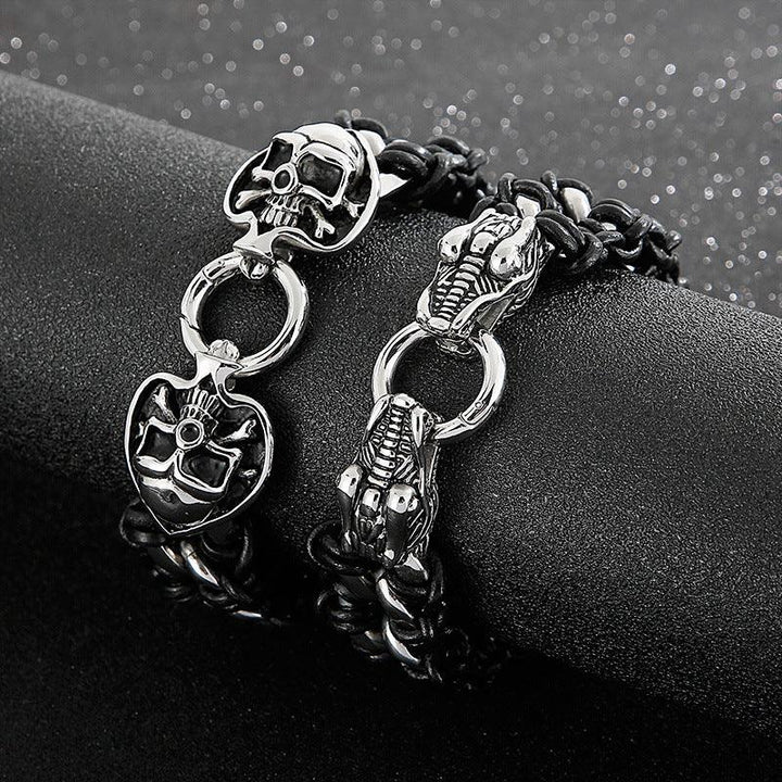 KALEN Punk 23mm Cowhide Leather Stainless Steel Woven Skull Dragon Animal Charm Bracelet for Men - kalen