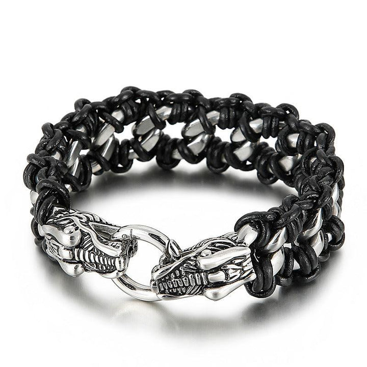 KALEN Punk 23mm Cowhide Leather Stainless Steel Woven Skull Dragon Animal Charm Bracelet for Men - kalen