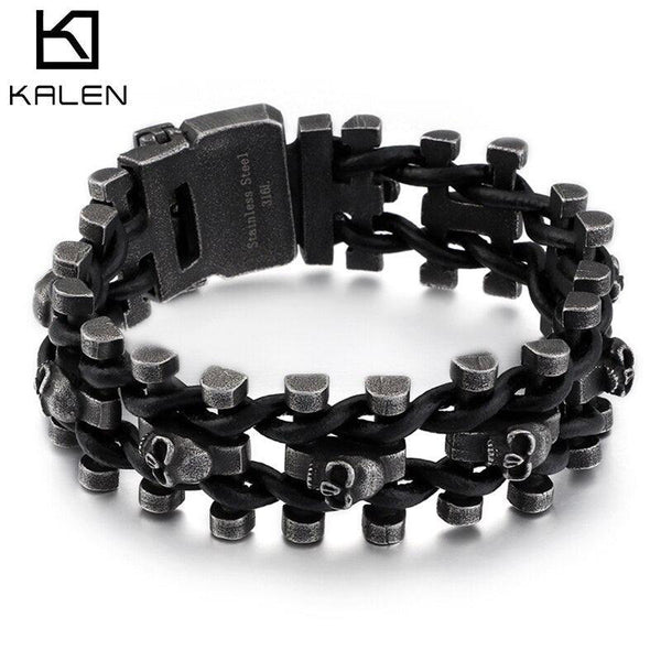 Kalen Punk Link Chain Stainless Steel Boiled Black Skeleton Leather Woven Men's Bracelet Jewelry Accessories.