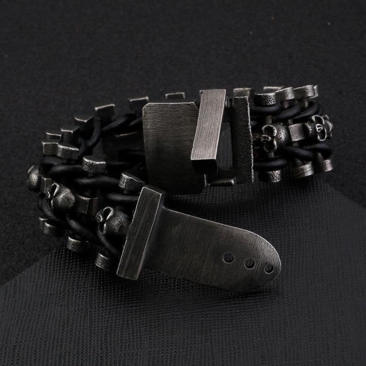 Kalen Punk Link Chain Stainless Steel Boiled Black Skeleton Leather Woven Men's Bracelet Jewelry Accessories.