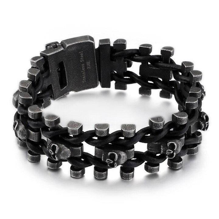 Kalen Punk Link Chain Stainless Steel Boiled Black Skeleton Leather Woven Men's Bracelet Jewelry Accessories.