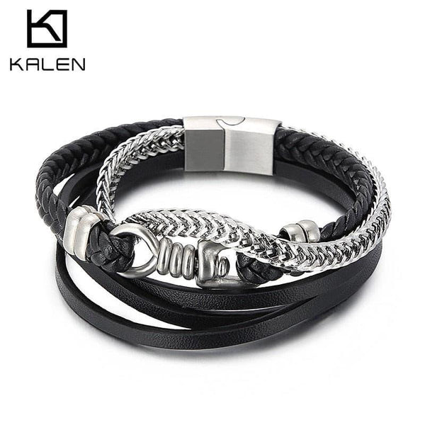 Kalen Punk Style Multilayer Leather Stainless Steel Bracelet Men's Rock Cool Boy Metal Accessories.