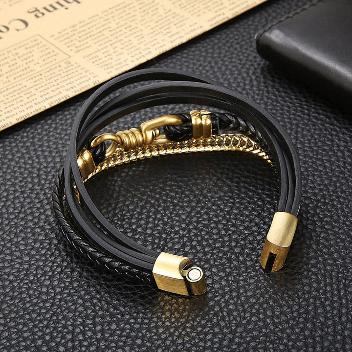 Kalen Punk Style Multilayer Leather Stainless Steel Bracelet Men's Rock Cool Boy Metal Accessories.