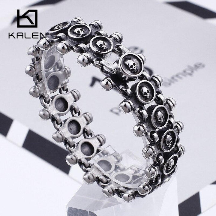 KALEN Punk 21.5cm Skull Bracelets Men Stainless Steel Matte Linking Skull Charm Bracelets Gothic Biker Halloween Jewelry.