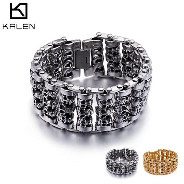 KALEN Punk 316 Stainless Steel Multiple Skull Heads Charm Bracelets For Men Biker Hand Chain Bracelet Drop Shipping Jewelry.